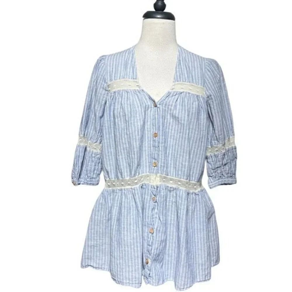 Zara Striped Eyelet Lace Empire Waist Shabby Chic Ruffled Button Up XS